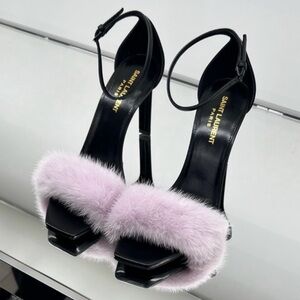 Saint Laurent Bea Mink Fur Leather Square Toe Ankle Strap Stiletto Sandal Heels